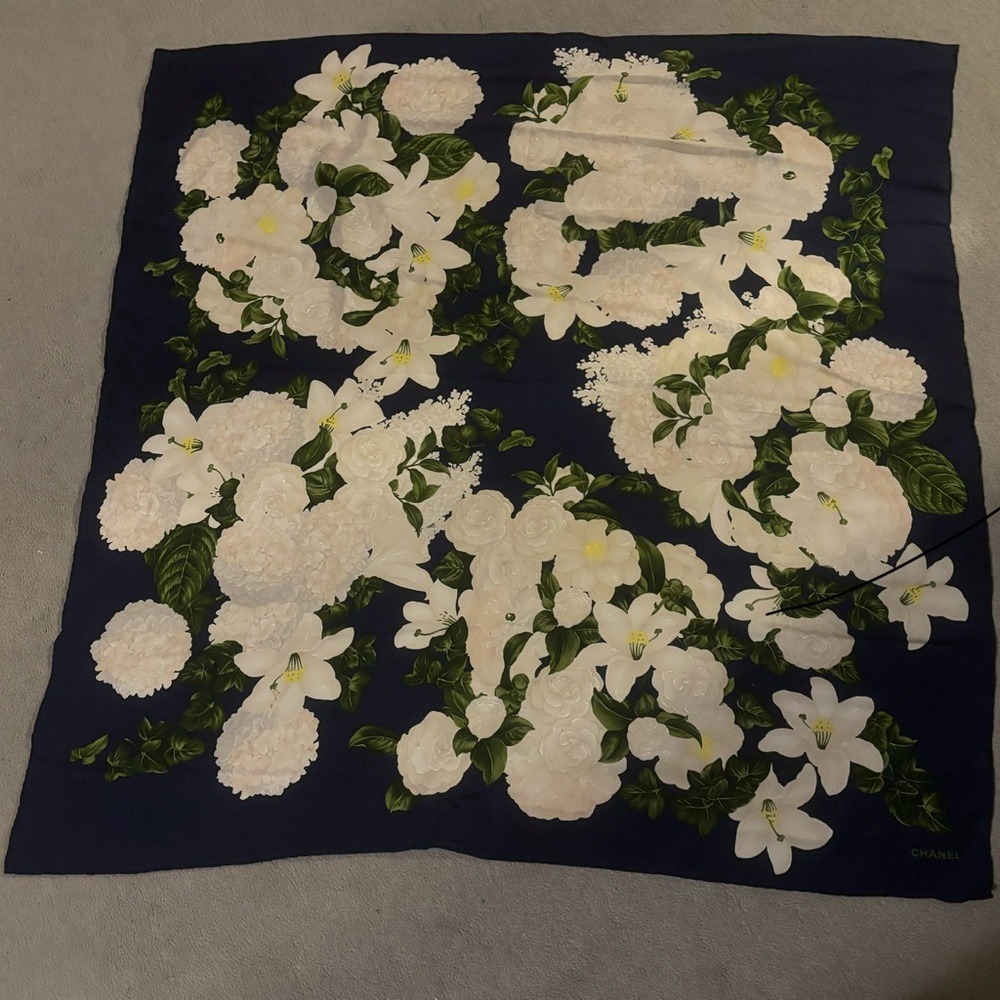 Authentic CHANEL Navy and White Floral Silk Scarf - Picture 6 of 7